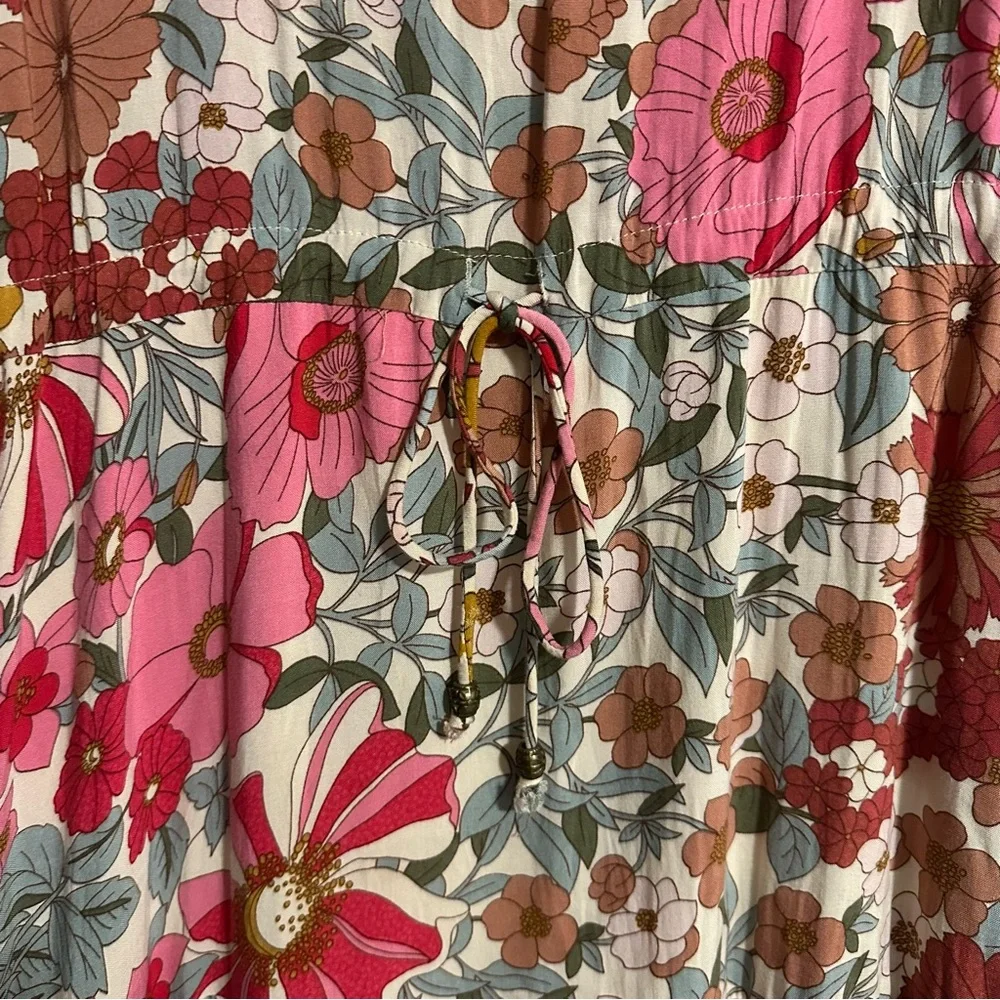 Floral Print‎ Maxi Dress L Long Sleeve V Neck Lined Boho Hippie